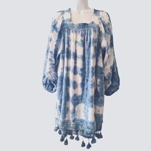 Apiece Apart blue white tie die fun fringed mini dress tunic size 6